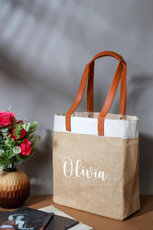 Custom Burlap Jute Bag With Leather Handles