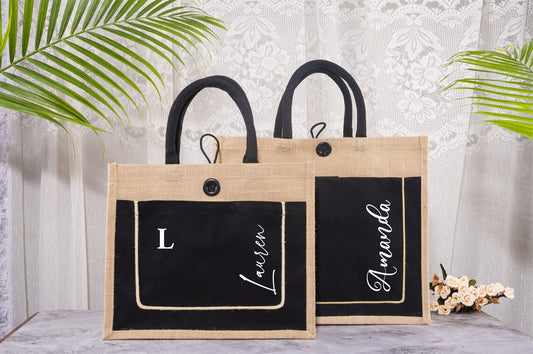 Black Cotton Canvas Jute Bags - Personalized Gifts for Weddings, Custom Logo