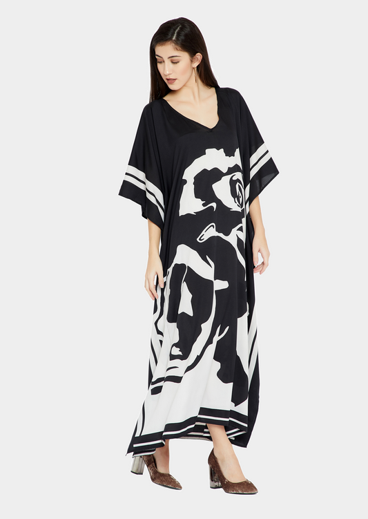 Black & White Soft Satin Silk Kaftan, Designer pretty Caftan For Women's