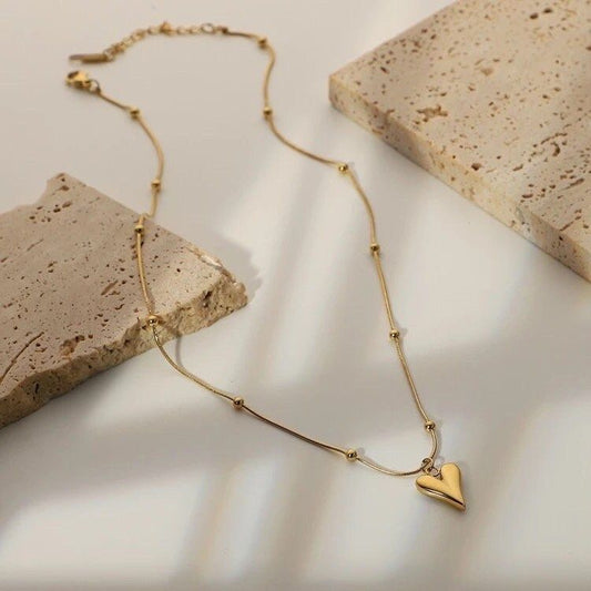 Gold Tone Heart Pendant Necklace with Beaded Snake Chain – Elegant Everyday Jewelry and Romantic Gift for Her