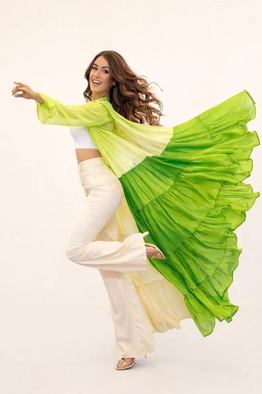 Sheer Ruffle Kimono Shrug, Long Boho Cape for Women, Beachwear Cover Up, Vacation Outfit