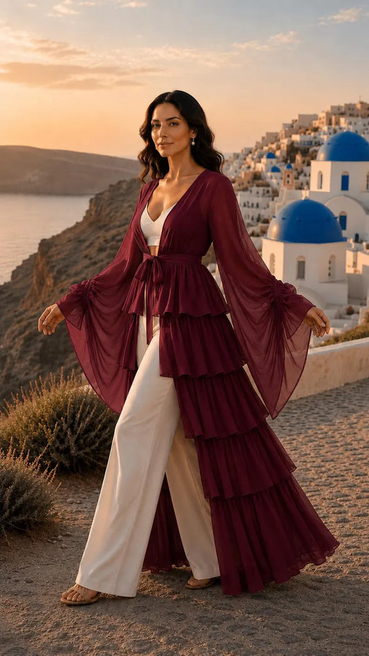 5 Layer Convertible Shrug, Burgundy Layered Cape, Georgette Flying Dress, Elegant Wedding Cover Up(V)