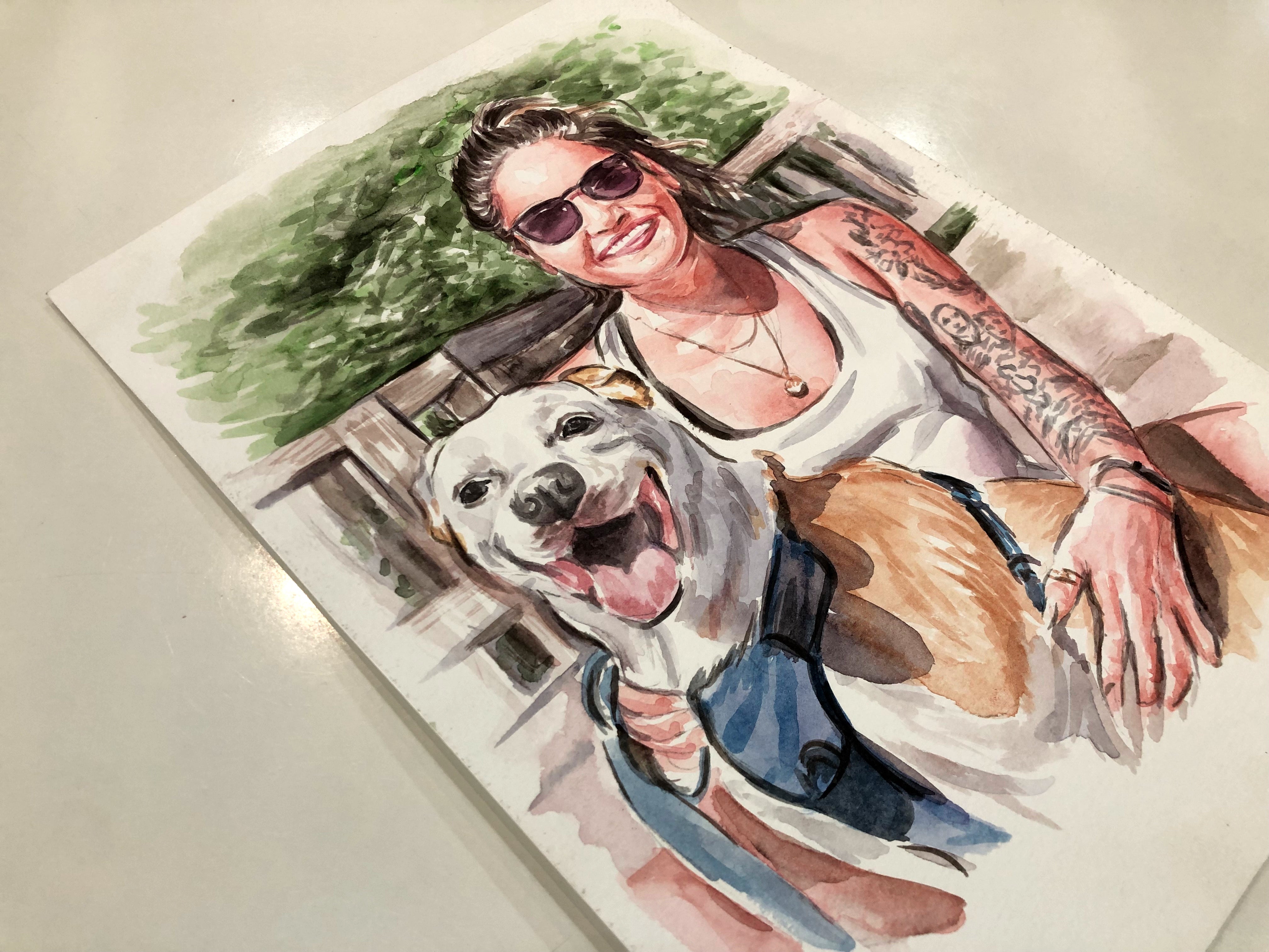 Custom People Portrait Personalized Watercolor Painting Pet and owner Portrait Human Portrait with Pet buy Painting Family portrait with pet