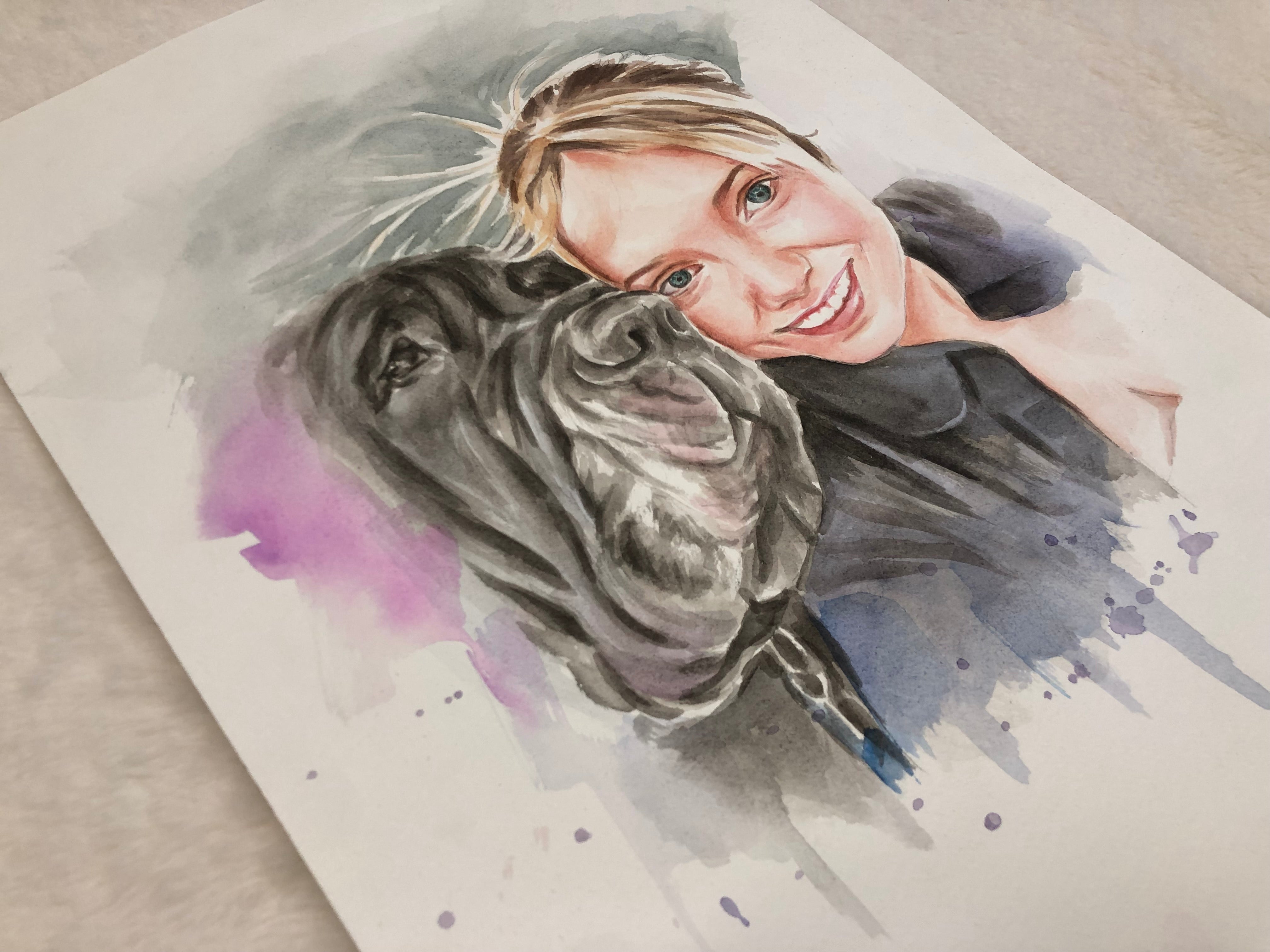 Custom People Portrait Personalized Watercolor Painting Pet and owner Portrait outlet Human Portrait with Pet Painting Family portrait with pet