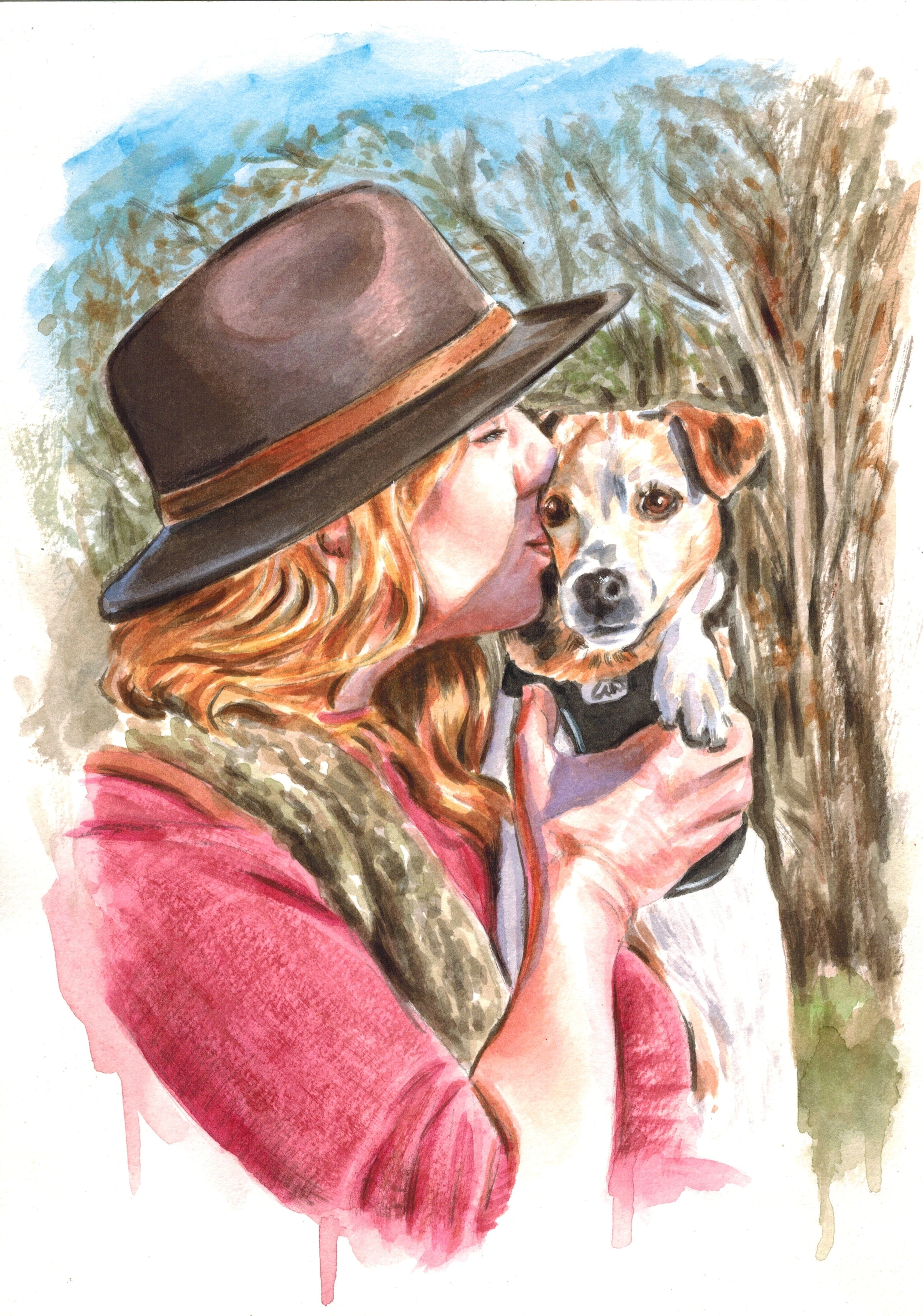 Custom People Portrait Personalized Watercolor Painting Pet and owner Portrait Human Portrait with Pet buy Painting Family portrait with pet