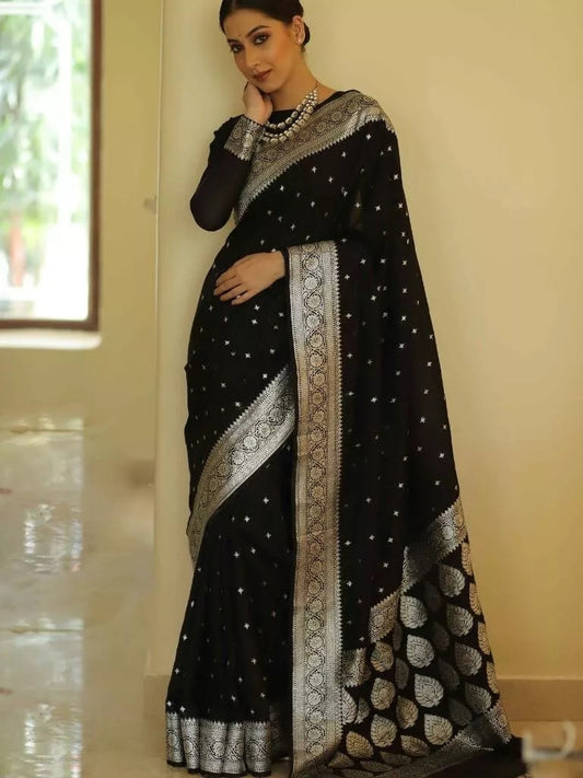 Black Designer Banarasi Soft Silk Saree & Blouse