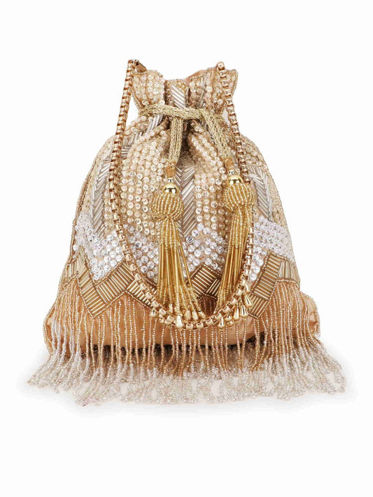 Dangle Chevron Embellished Faux Silk Potli Bag