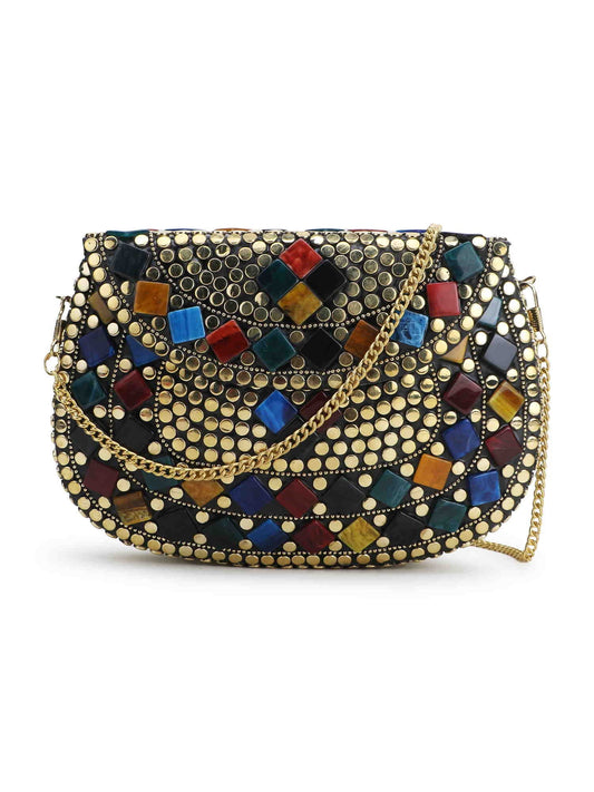 Mosaic Embellished Metal Clutch