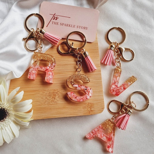 Glitter Initial Resin Keychain with Tassel - Pink