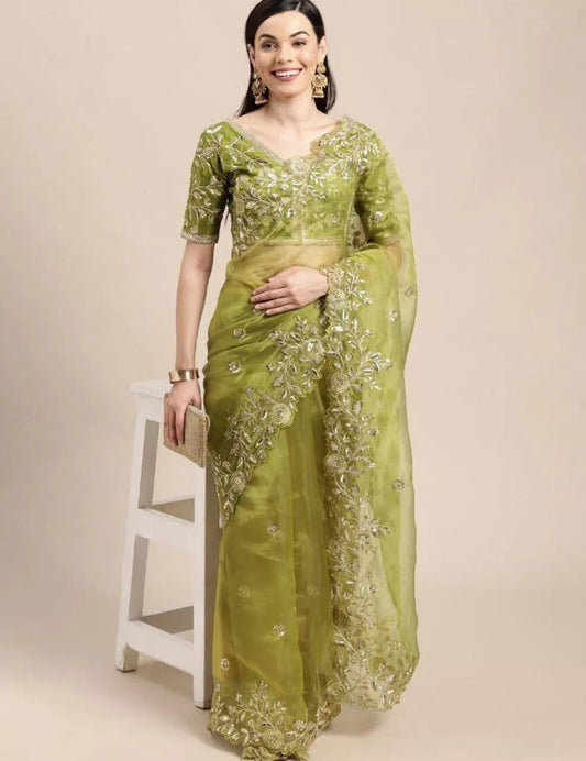 Light Green Soft Organza With All Over Embroidery Work  Sari & Blouse