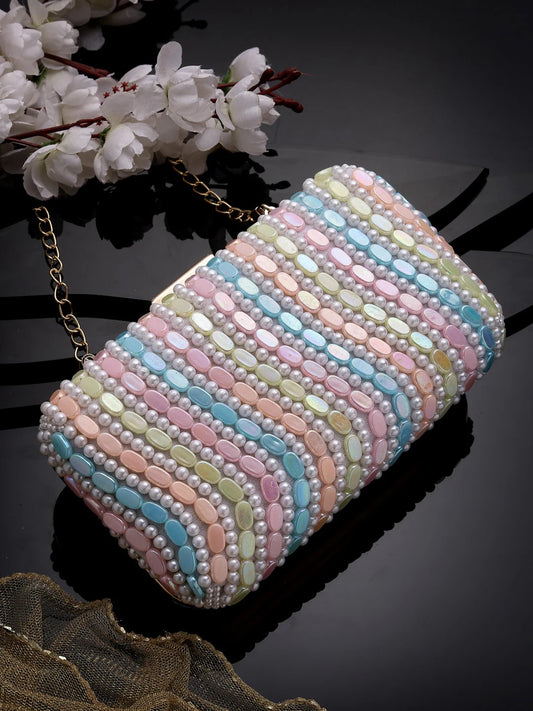 Adorn Wave Embellished Faux Silk Clutch