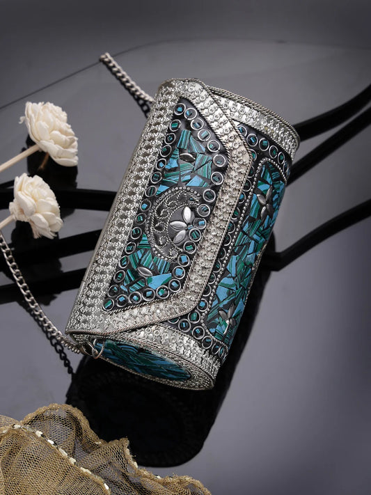 Mosaic Embellished Metal Clutch