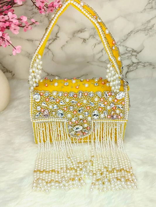 Designer Crystal and Pearl Work Flap Clutch