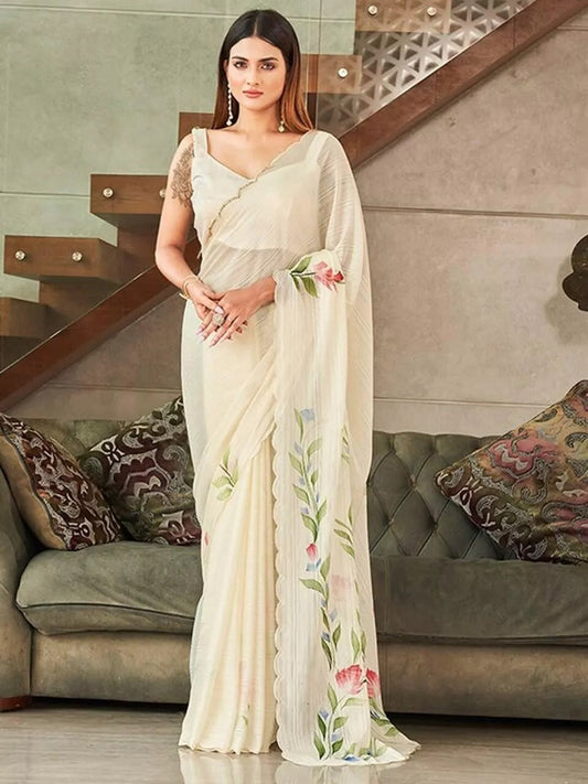 Indian Ethnic Wear Moss Chiffon Saree With Blouse, Traditional Sari