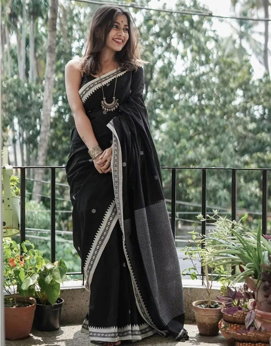 Black Soft Linen Slub Designer Saree,Classic Sari Blouse