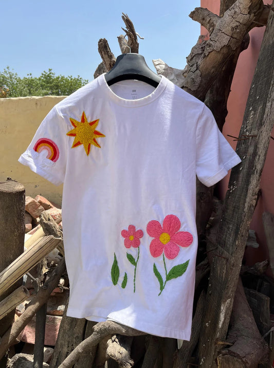 The Blossom Sun Hand-Embroidered Oversized T-Shirt (Unisex)