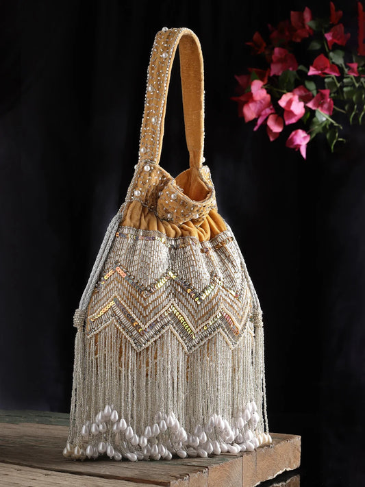 Droop Chevron Embellished Velvet Potli Bag