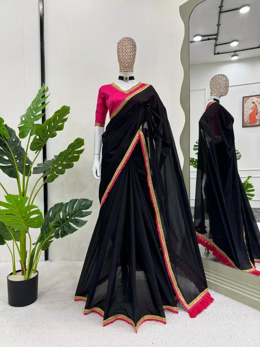 Black Party Wear Sari, Fancy Cotton Saree With Blouse