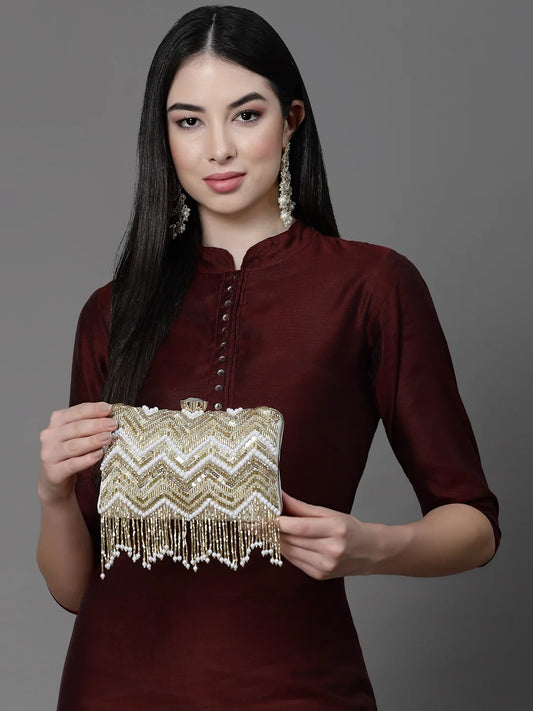 Dangle Chevron Embellished Velvet Clutch