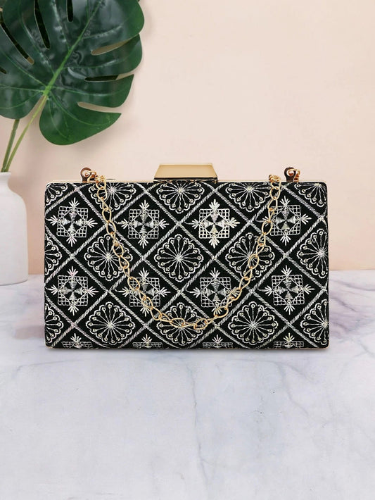 Hue Geometric Embroidered Velvet Clutch