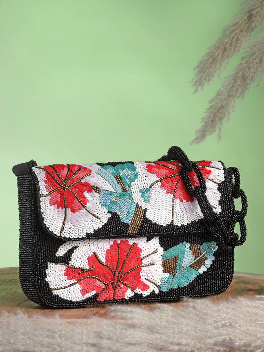 Coffer Floral Embellished Faux Silk Clutch