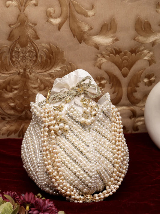 Lotus Pearl Embellished Faux Silk Potli Bag