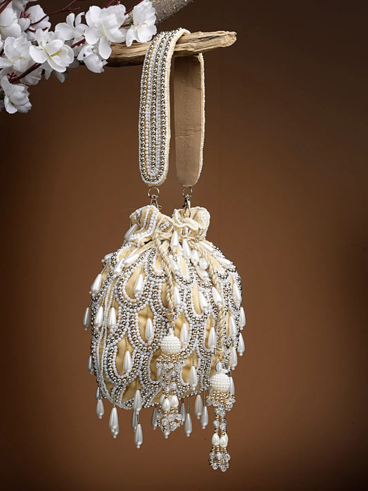 Droop Pearl Embellished Velvet Potli Bag