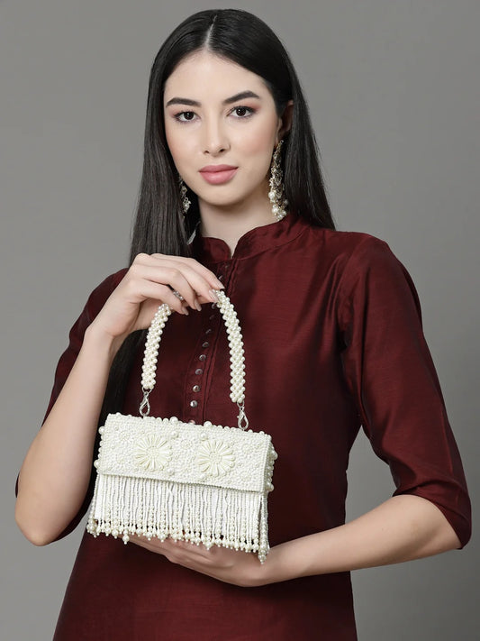 Coffer Bead Work Embellished Faux Silk Clutch