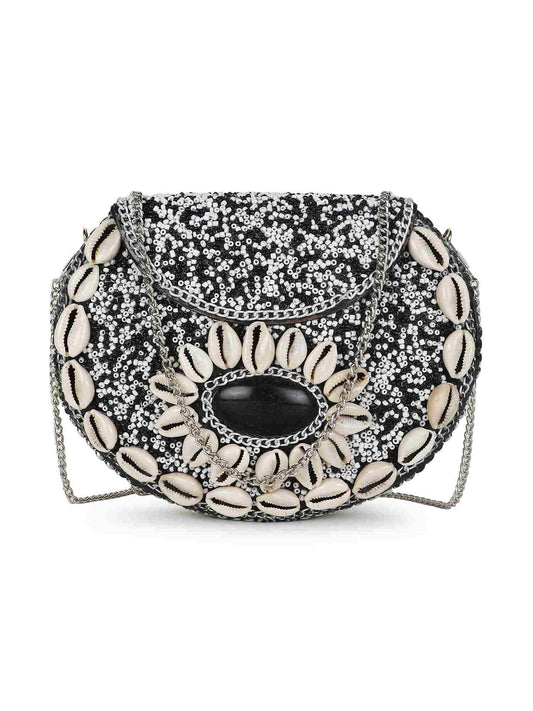 Mosaic Shell Embellished Metal Clutch