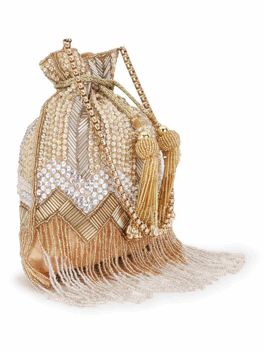 Dangle Chevron Embellished Faux Silk Potli Bag