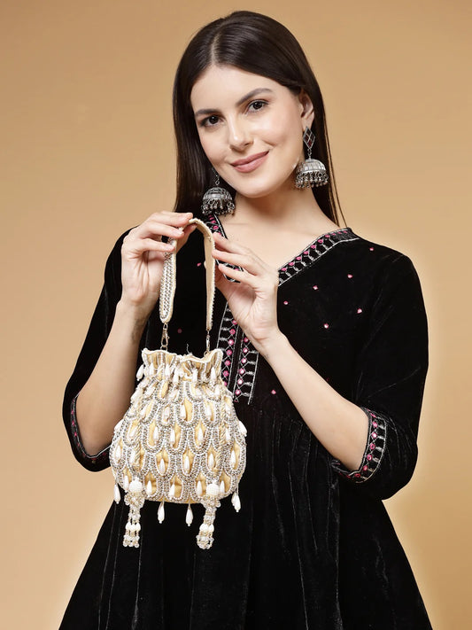 Droop Pearl Embellished Velvet Potli Bag