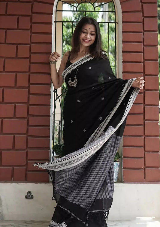 Black Soft Linen Slub Designer Saree,Classic Sari Blouse