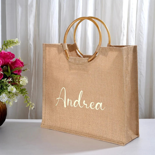 Personalized Jute Bag With Wooden Handle Burlap Tote Bag