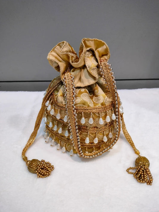 Designer Heavy Tassel Golden Work Potli Bag