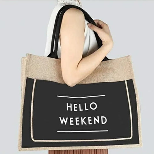 Hello Weekend Print Tote Custom Jute Bag Pocket Button Bags