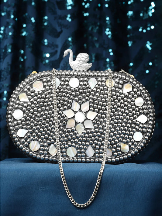 Mosaic Marble Mosaic Embellished Metal Box Clutch