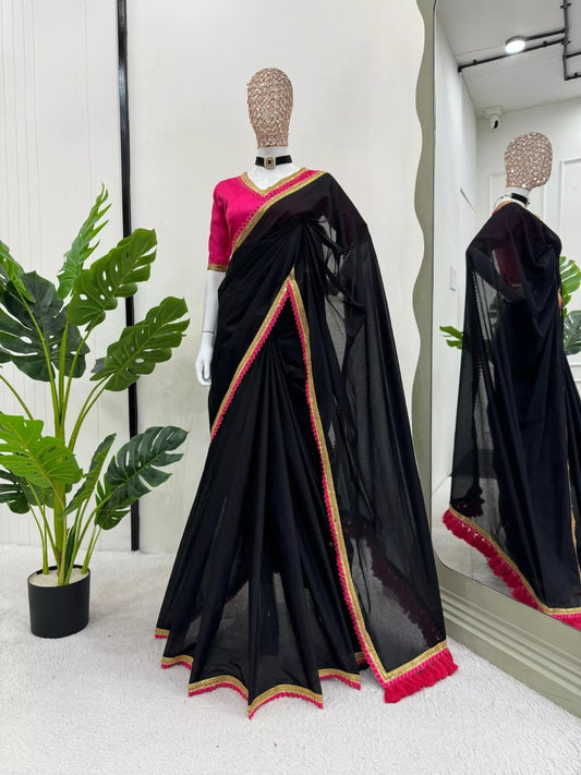 Black Party Wear Sari, Fancy Cotton Saree With Blouse