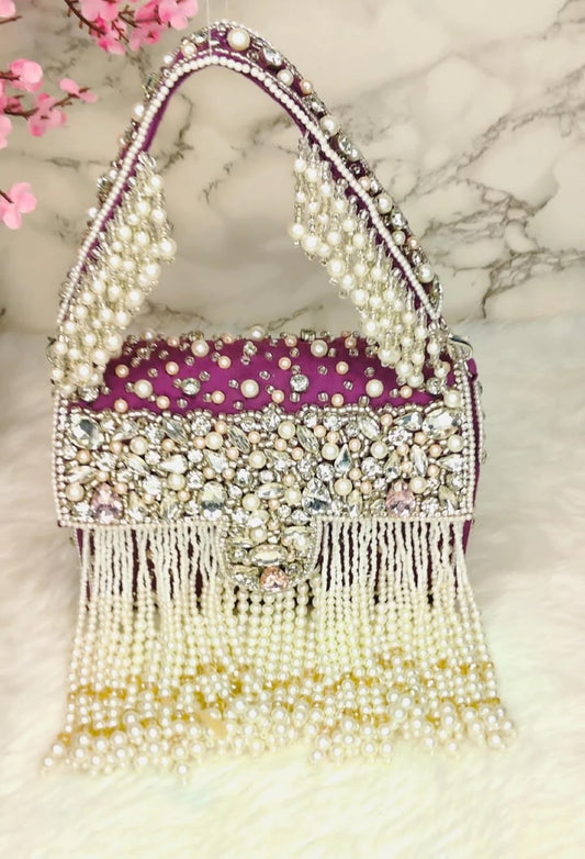 Designer Crystal and Pearl Work Flap Clutch