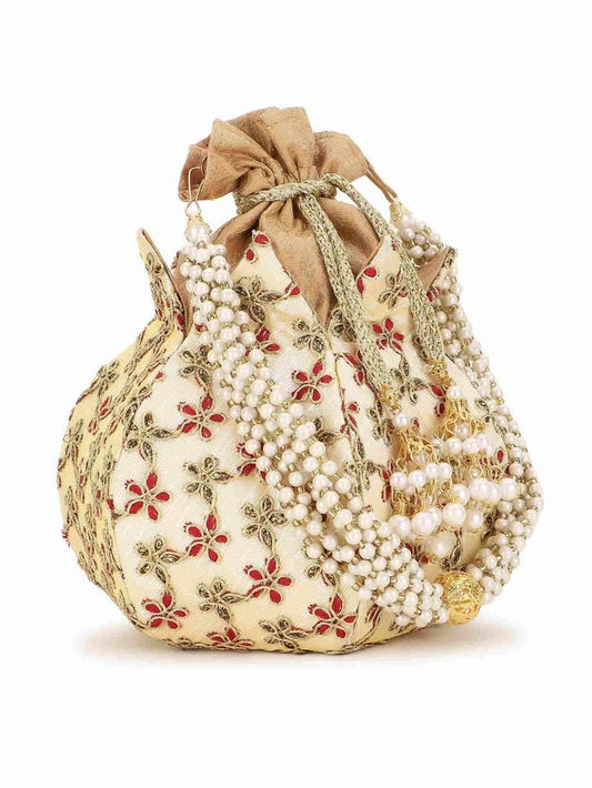 Lotus Floral Embroidered Faux Silk Potli Handbag