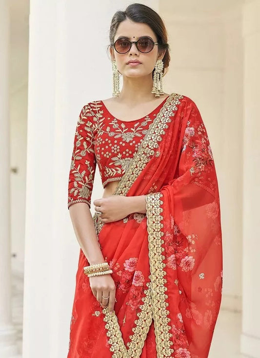 Soft Vichitra Silk Embroidery Sequence Coding Work Saree With Blouse