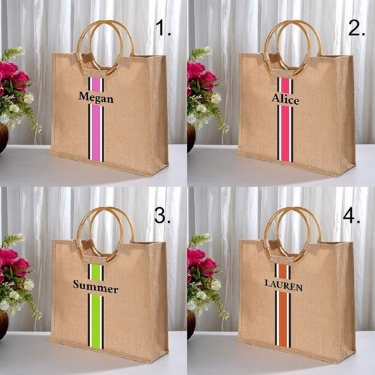 Personalized Custom Burlap Wooden Handle Jute Bag