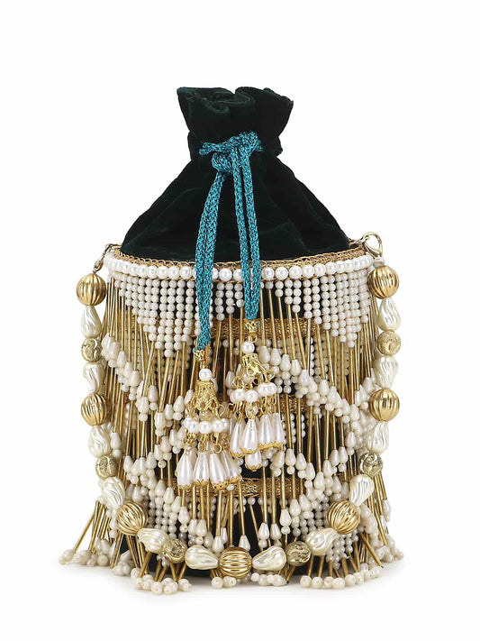 Dangle Chevron Embellished Velvet Potli Bag