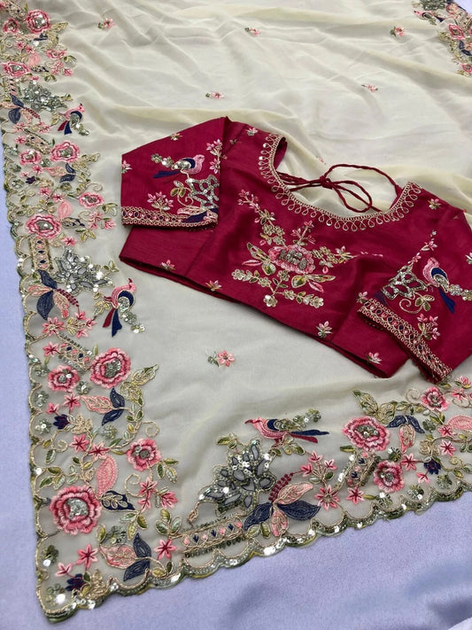 Georgette With Embroidery Work  Designer Sari & Blouse