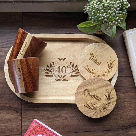 Personalized Gift Set | Wooden Tea Cups, Tea Tray & Coasters With Name Engraved