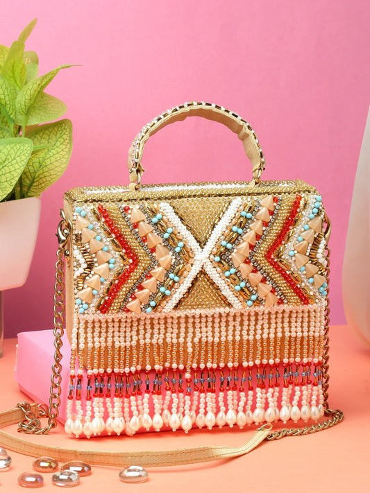 Dangle Bead Work Embellished Faux Silk Clutch