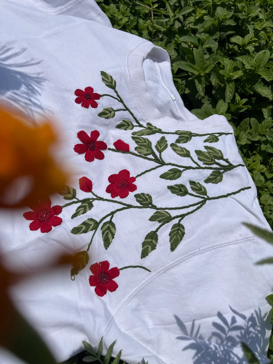 Scarlet Petal and Leaves hand embroidered T-shirt (Unisex)