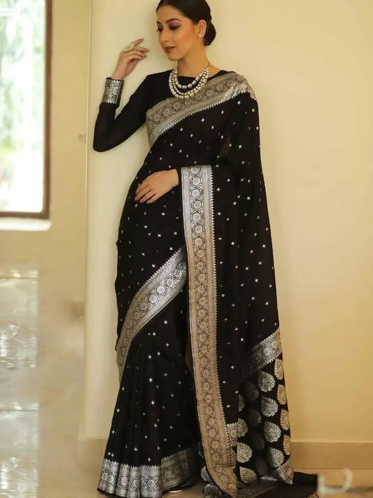 Black Designer Banarasi Soft Silk Saree & Blouse