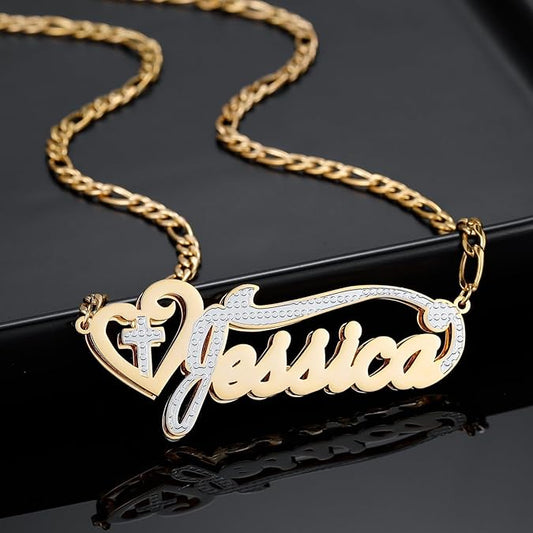 Personalized Double Cross Two Tone Heart Name Necklace