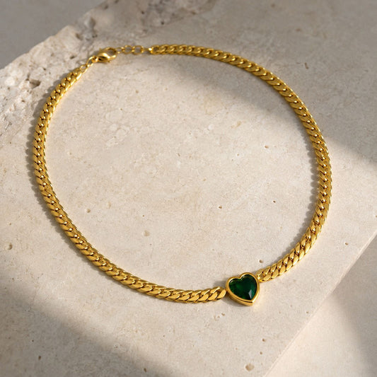 Anti-Tarnish Gold Green Heart Pendant Necklace Stainless Steel Cuban Chain Necklace for Women