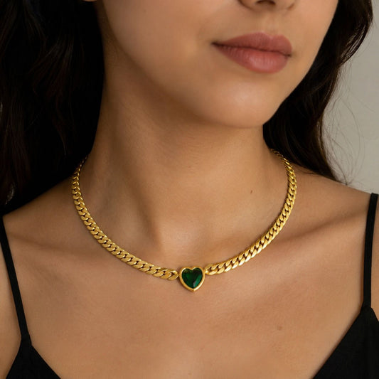 Anti-Tarnish Gold Green Heart Pendant Necklace Stainless Steel Cuban Chain Necklace for Women